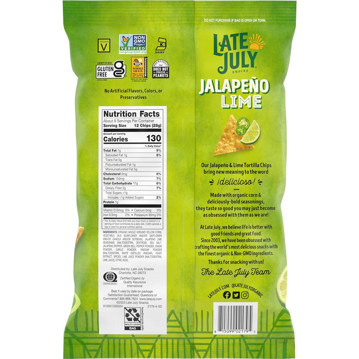 Late July  Tortilla Chips Made With Organic Yellow Corn Jalapeno Lime  7.8 Oz