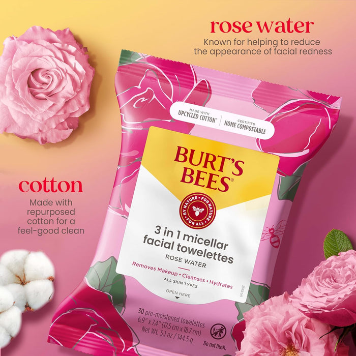 Burt'S Bees 3 In 1 Micellar Facial Towelettes With Rose Water 30 Ct