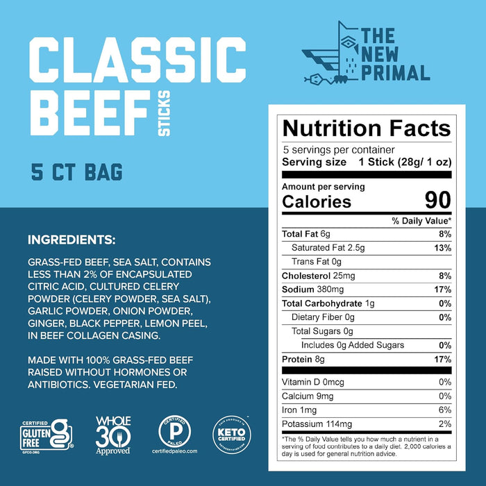 The New Primal Grass-Fed Beef Sticks, Classic 5 sticks (1 oz each)