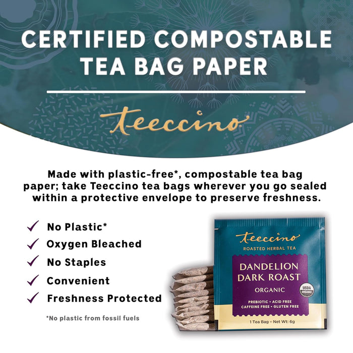 Teeccino  Chicory Herbal Tea Dandelion Dark Roast Organic 10 Tea Bags  10 Bag