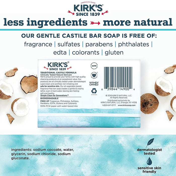 Kirk`S  Original Coco Castile Soap Fragrance Free  1 Each  4 Oz