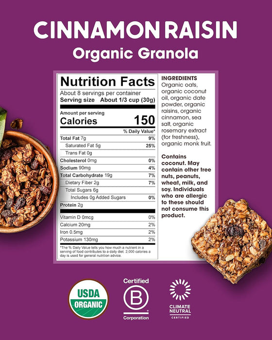 Alter Eco  Organic No Sugar Added Granola Cinnamon Raisin   8 Oz