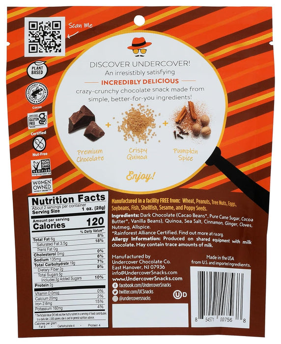 Undercover Chocolate  Quinoa Crisps Dark Chocolate & Pumpkin Spice   2 Oz