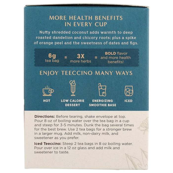 Teeccino  Organic Chircory Herbal Tea Dandelion Coconut  10 Bag
