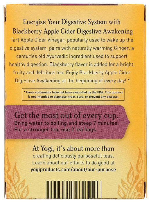 Yogi  Organic Blackberry Apple Cider Digestive Awakening Caffeine Free Tea  16 Ct