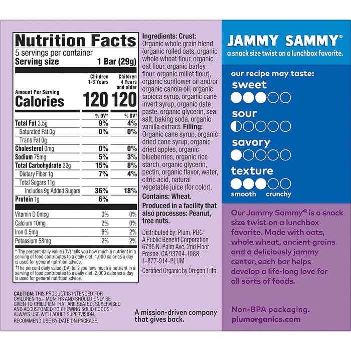 Plum Kids  Jammy Sammy Blueberries & Oatmeal Sandwich Bar   5.15 Oz