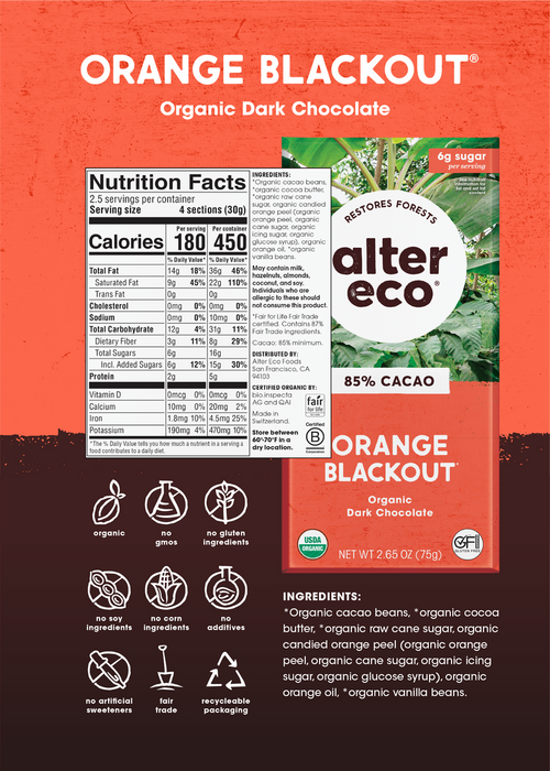 Alter Eco Organic Orange Blackout 85% Dark Chocolate Bar 2.65 OZ