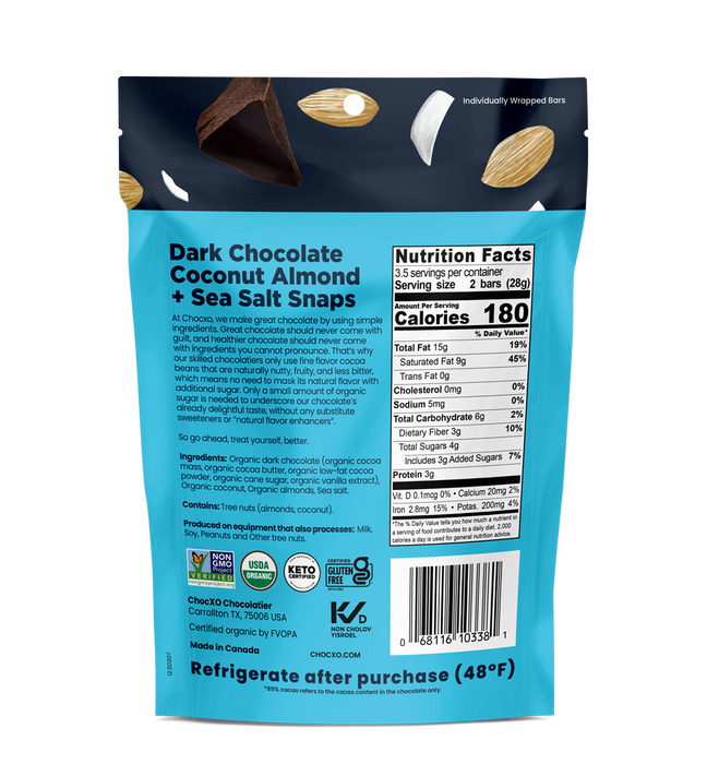 Chocxo  Organic Dark Chocolate Keto Coconut Almond And Sea Salt Snaps   3.45 Oz