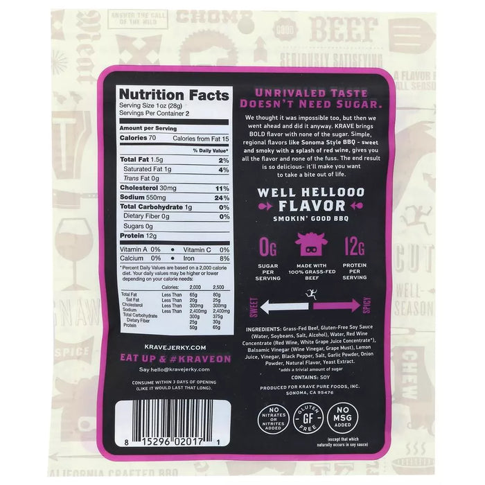 Krave Jerky Zero Sugar Beef Cuts Sonoma Style BBQ Seasoned 2.1 oz