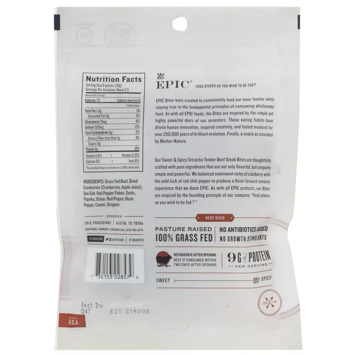 Epic International Jerky Bites Sweet And Spicy Sriracha Tender Beef Steak 2.5 oz