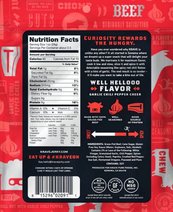 Krave Jerky Beef Cuts Garlic Chili Pepper 2.7 oz
