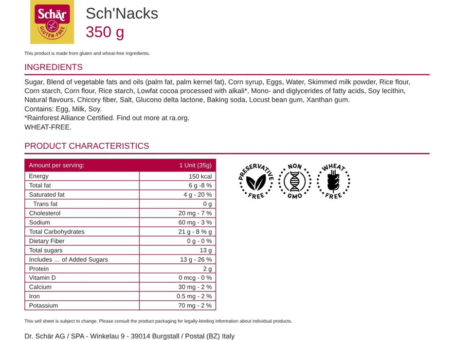 Schar  Gluten Free Sch'Nacks Snack Cakes   12.3 Oz